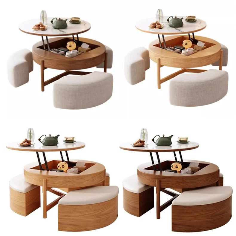 Lift Top Round Coffee Table with Storage and Ottomans, Modern Wood Coffee Table with Hidden Storage Compartment